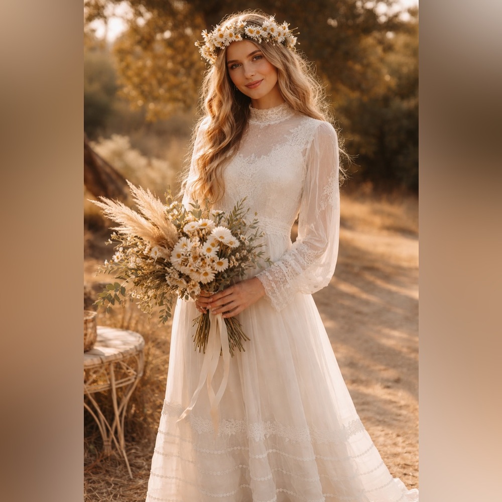 Rare Vintage 1970s Boho Lace Wedding Dress High Neck Sheer Sleeves - 16” Train